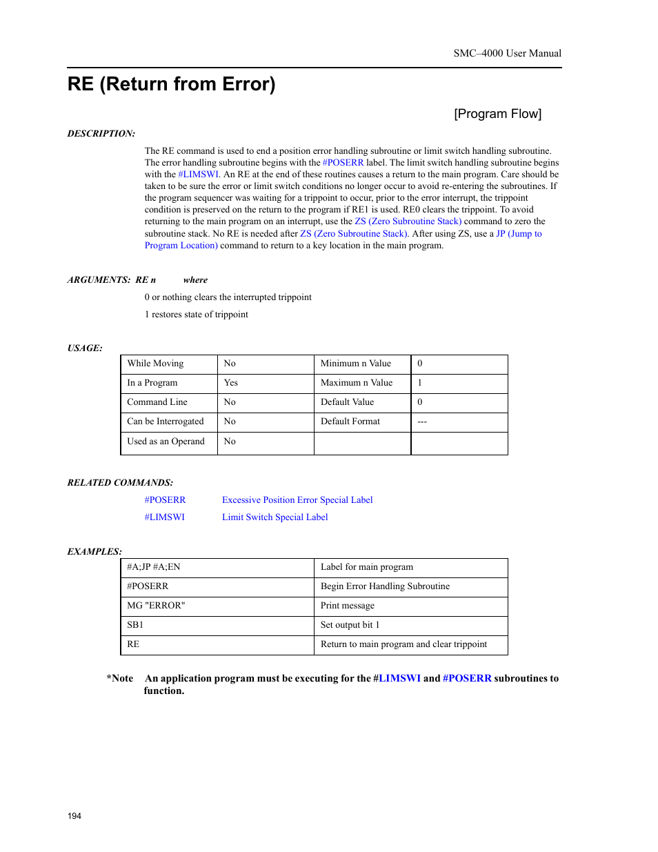 Re (return from error), Program flow | Yaskawa SMC–4000 User Manual | Page 204 / 385