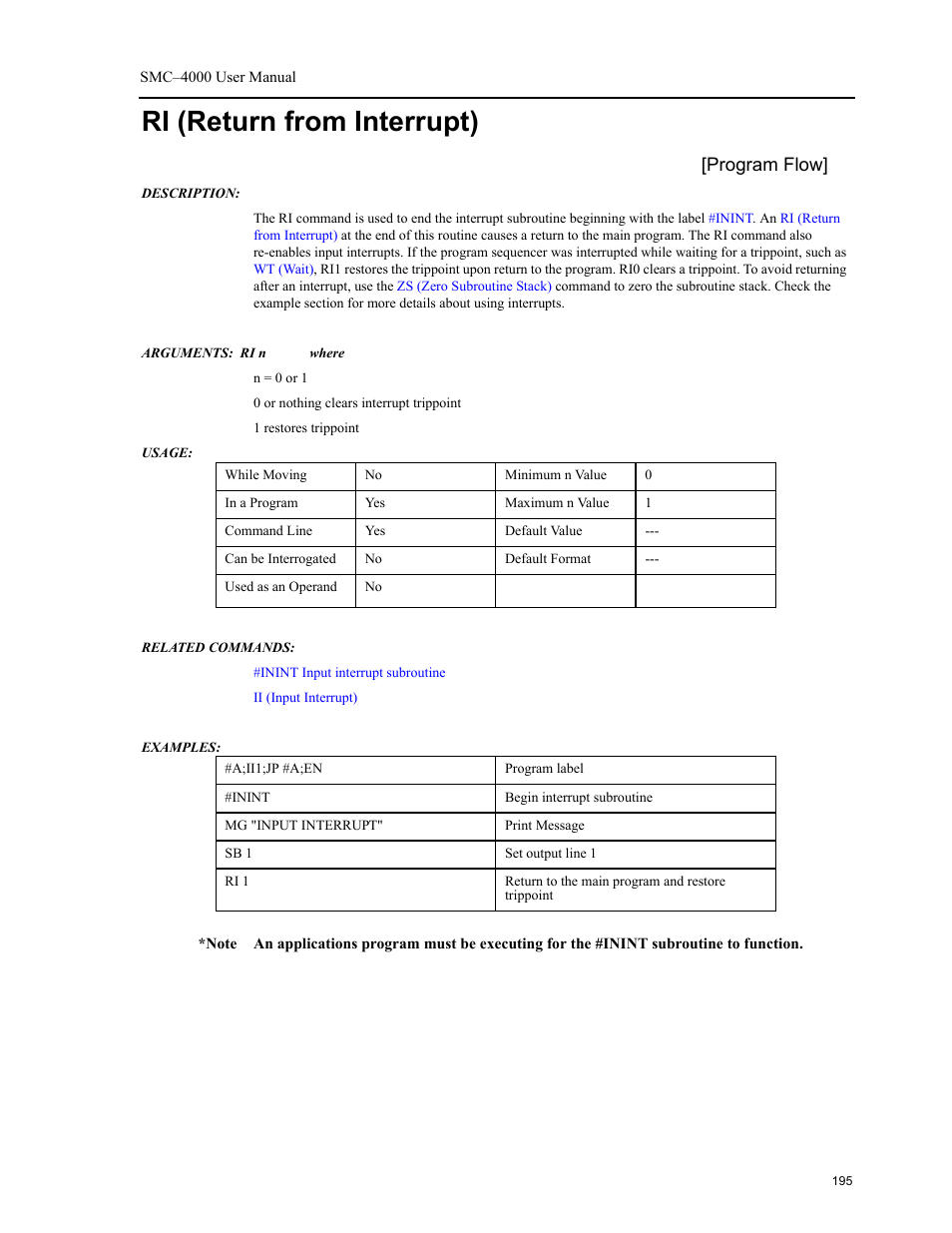 Ri (return from interrupt), Program flow | Yaskawa SMC–4000 User Manual | Page 205 / 385