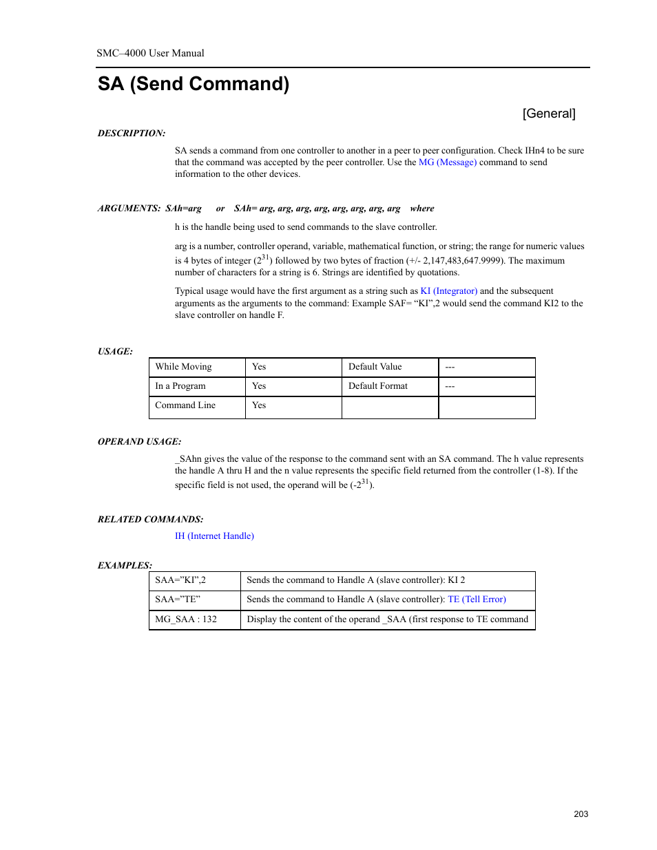 Sa (send command), General | Yaskawa SMC–4000 User Manual | Page 213 / 385