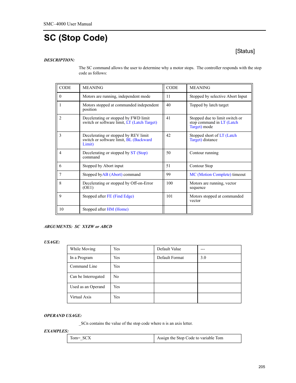 Sc (stop code), Status | Yaskawa SMC–4000 User Manual | Page 215 / 385