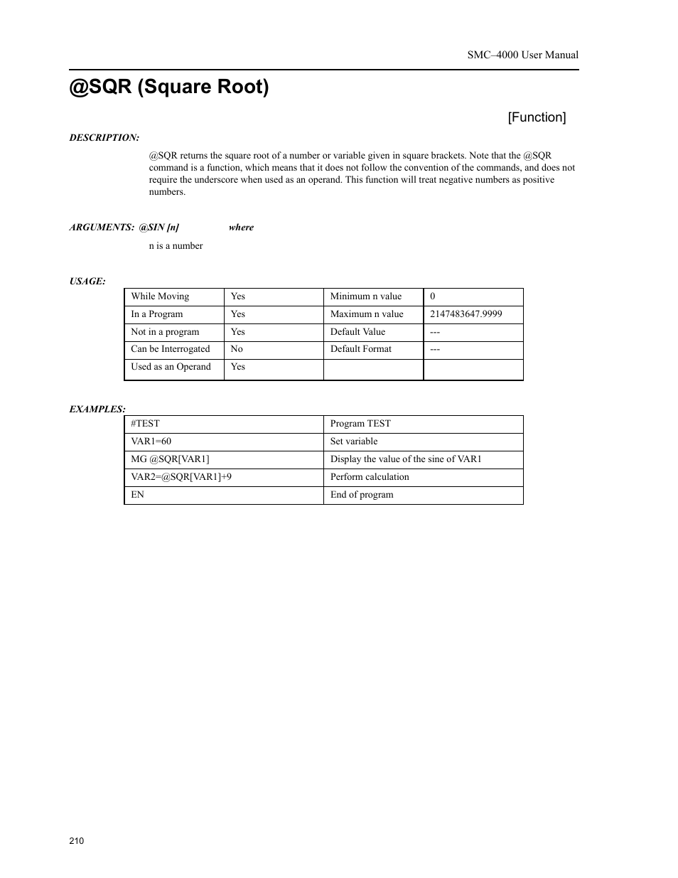 Sqr (square root), Function | Yaskawa SMC–4000 User Manual | Page 220 / 385