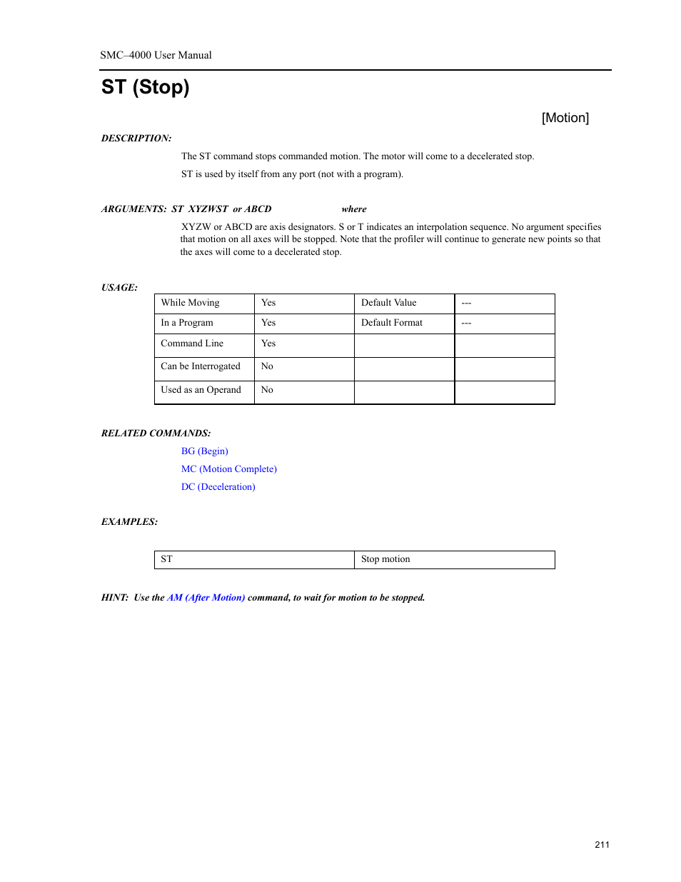 St (stop), Ed by the, Motion | Yaskawa SMC–4000 User Manual | Page 221 / 385