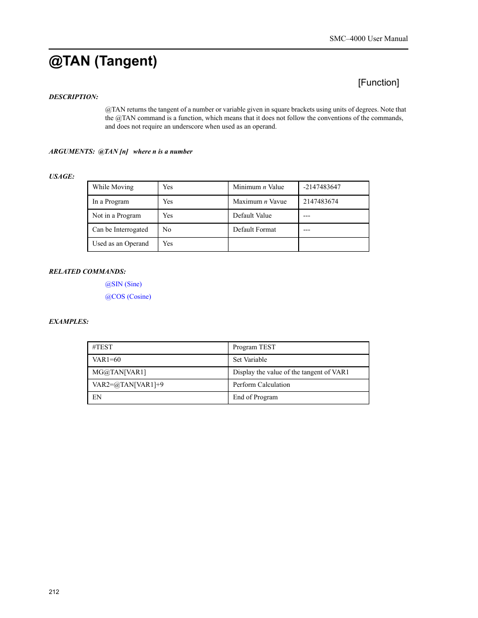 Tan (tangent), Function | Yaskawa SMC–4000 User Manual | Page 222 / 385