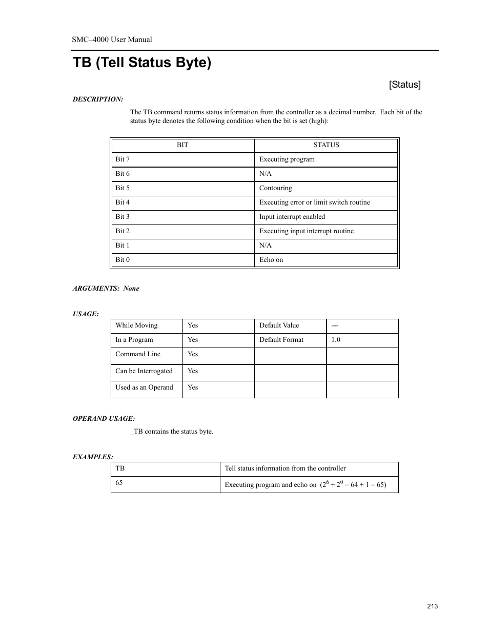 Tb (tell status byte), Status | Yaskawa SMC–4000 User Manual | Page 223 / 385