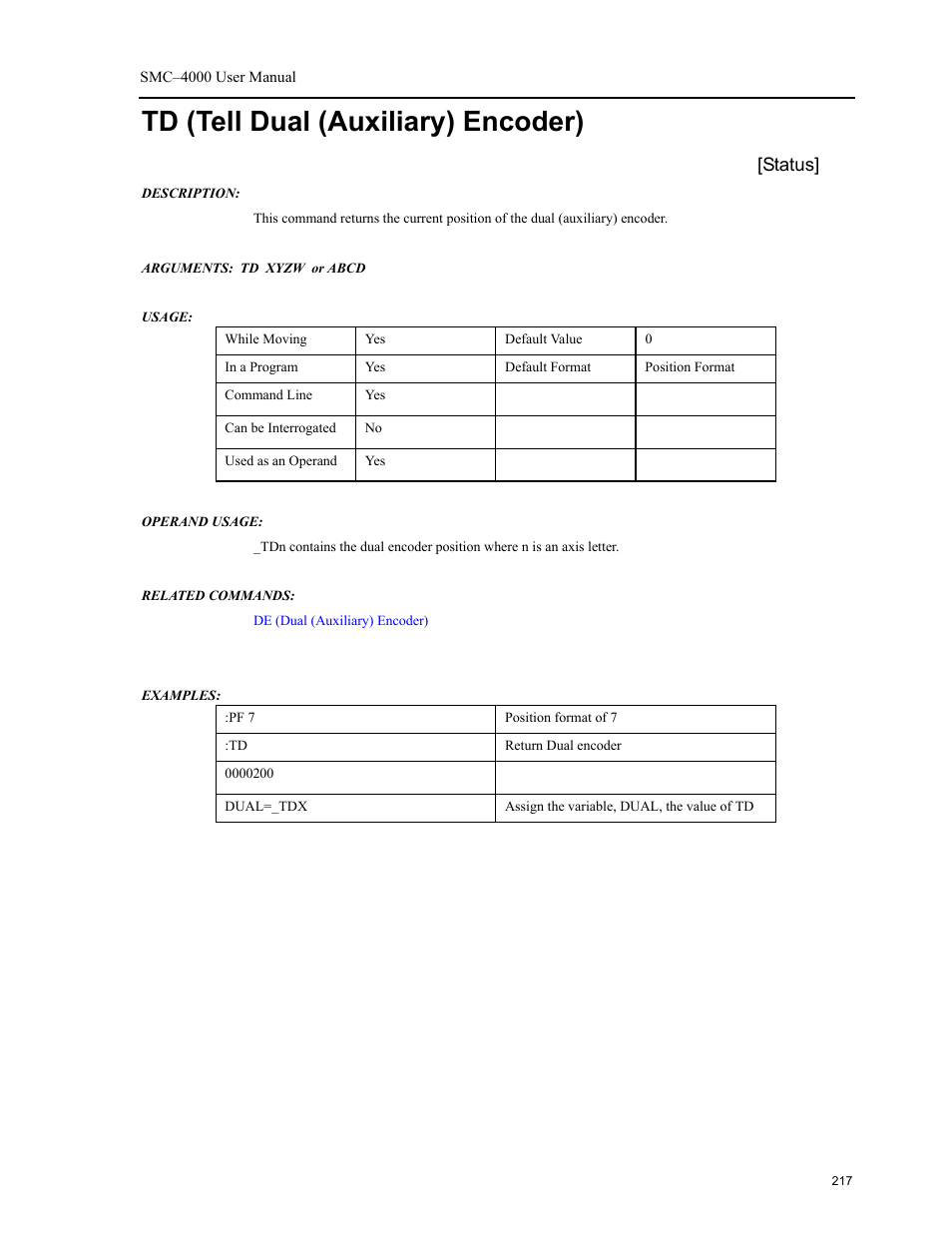 Td (tell dual (auxiliary) encoder), Status | Yaskawa SMC–4000 User Manual | Page 227 / 385