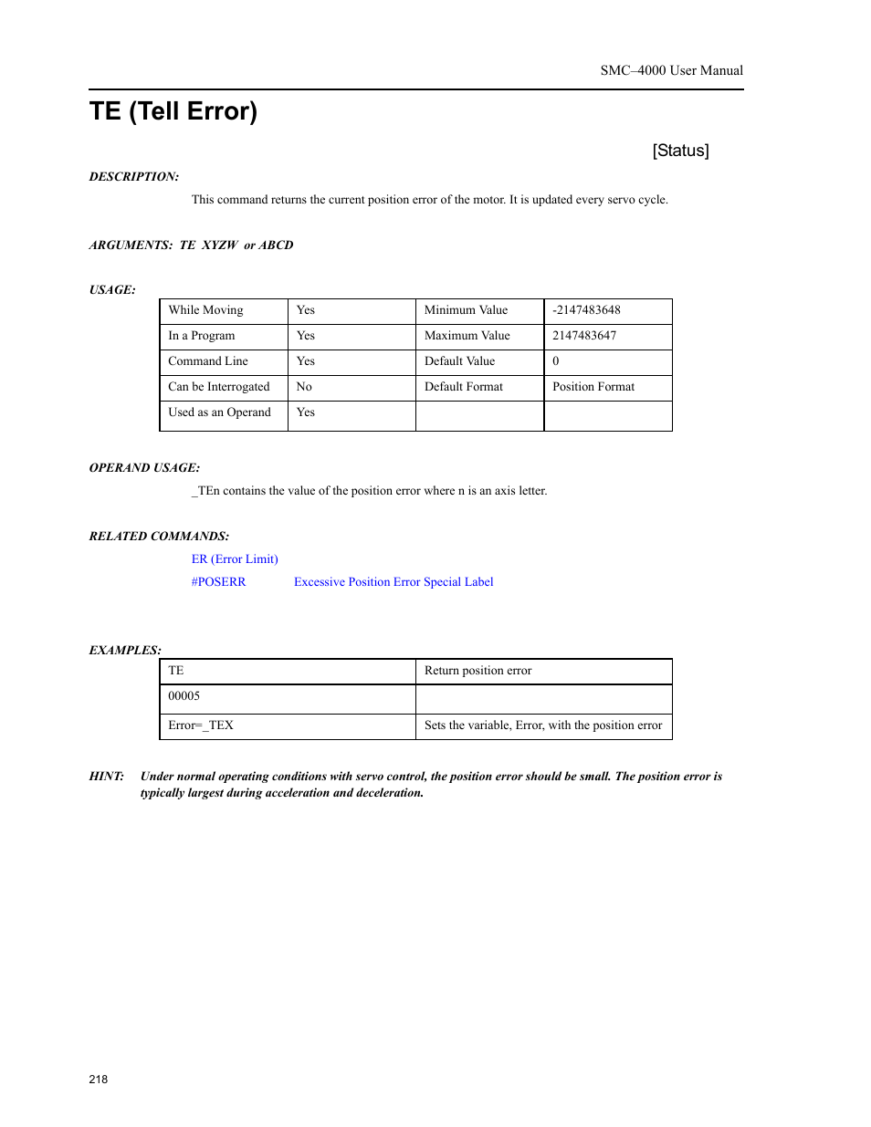 Te (tell error), Status | Yaskawa SMC–4000 User Manual | Page 228 / 385