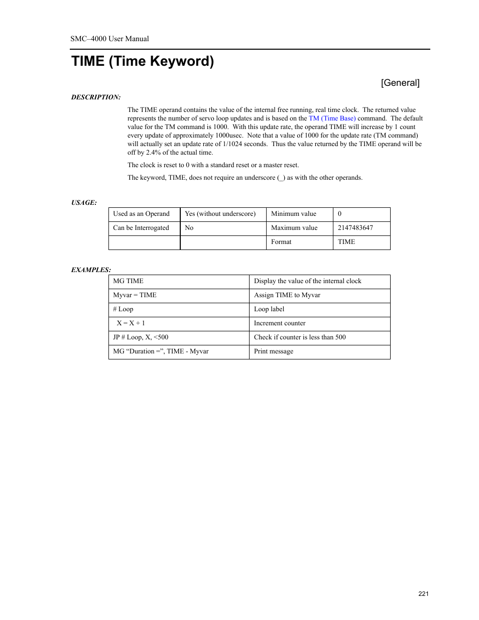 Time (time keyword), General | Yaskawa SMC–4000 User Manual | Page 231 / 385