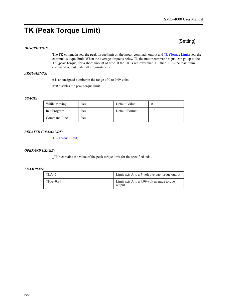 Tk (peak torque limit), Setting | Yaskawa SMC–4000 User Manual | Page 232 / 385