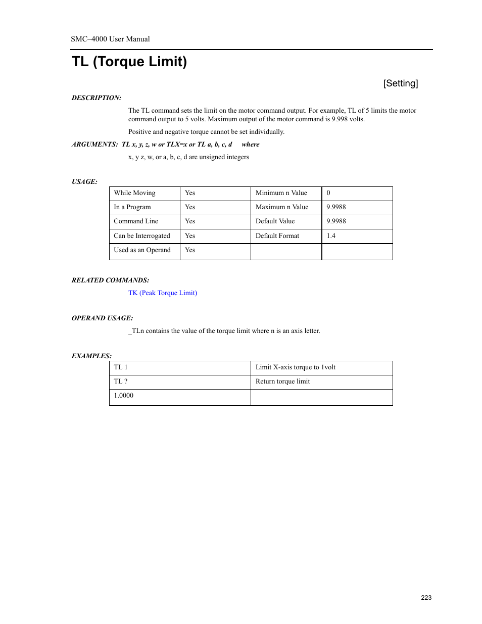 Tl (torque limit), Setting | Yaskawa SMC–4000 User Manual | Page 233 / 385