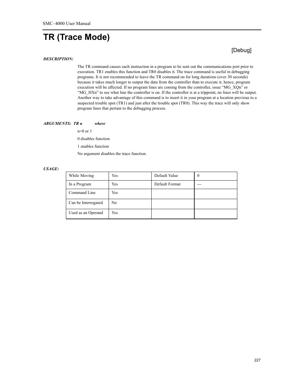 Tr (trace mode) | Yaskawa SMC–4000 User Manual | Page 237 / 385