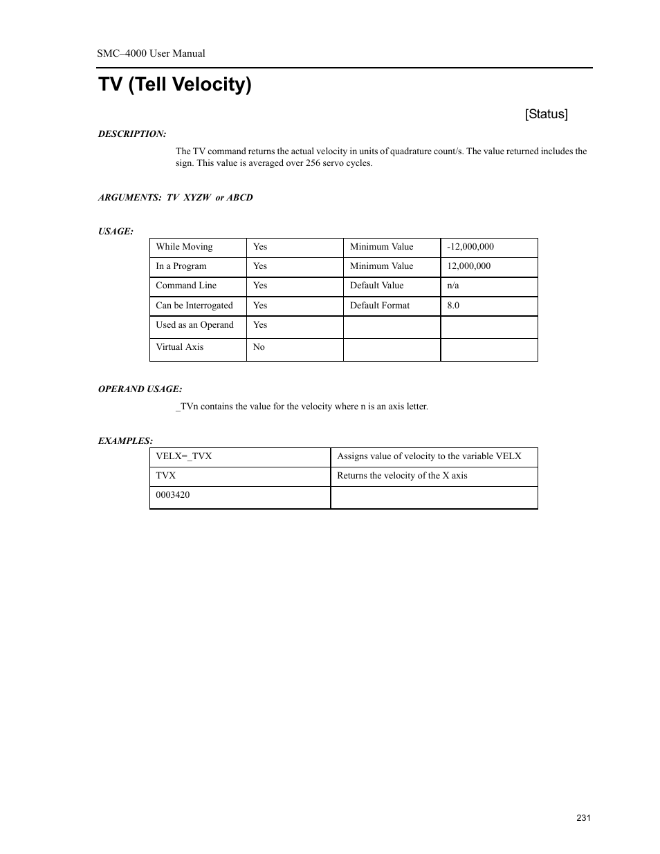 Tv (tell velocity), Command. see, Status | Yaskawa SMC–4000 User Manual | Page 241 / 385