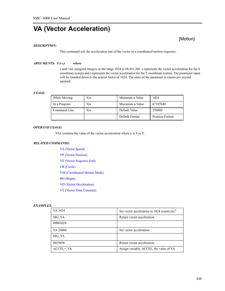 Va (vector acceleration), Motion | Yaskawa SMC–4000 User Manual | Page 245 / 385