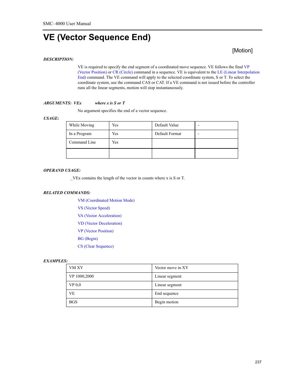 Ve (vector sequence end), Vector sequence end), Motion | Yaskawa SMC–4000 User Manual | Page 247 / 385