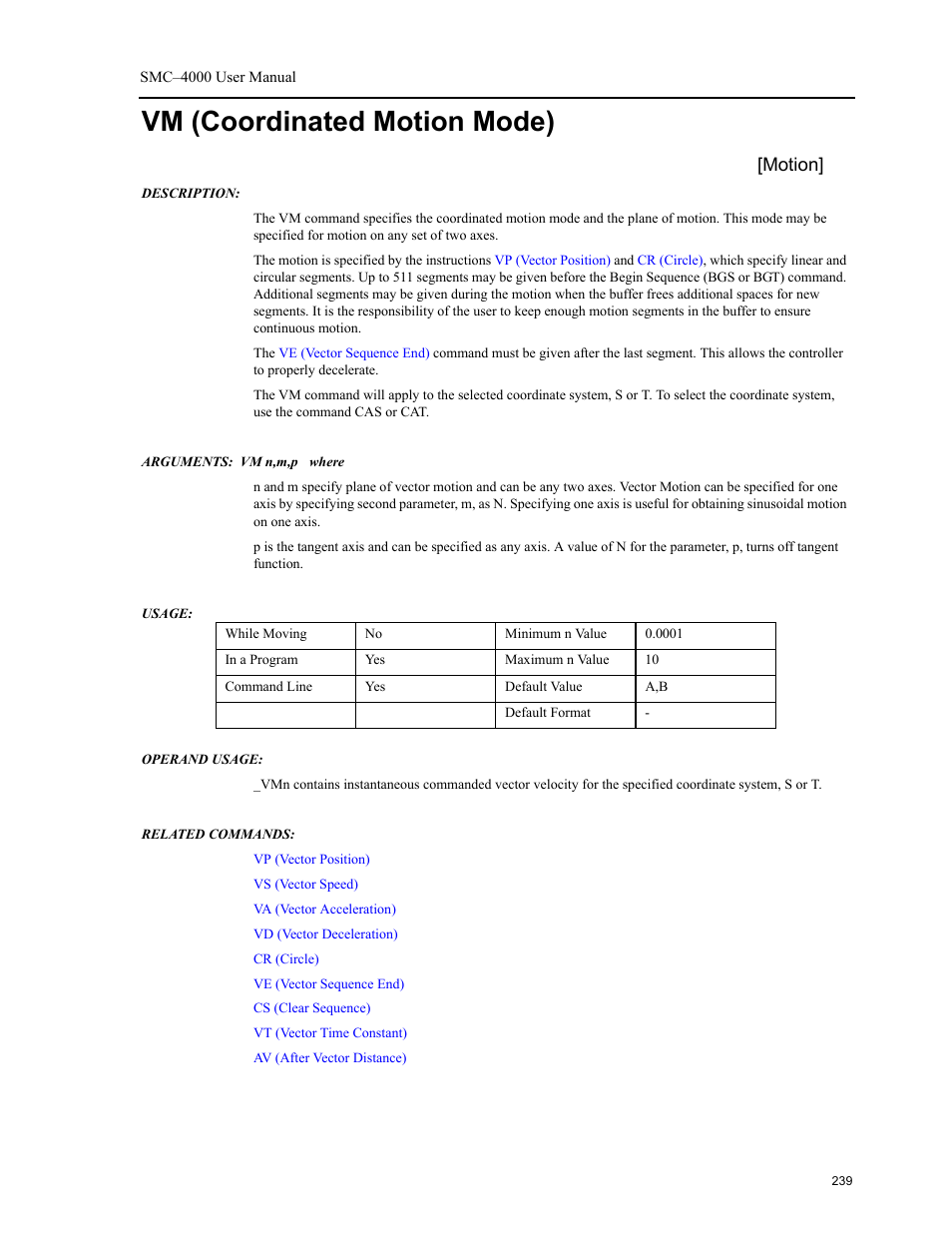 Vm (coordinated motion mode), Coordinated motion mode), Motion | Yaskawa SMC–4000 User Manual | Page 249 / 385