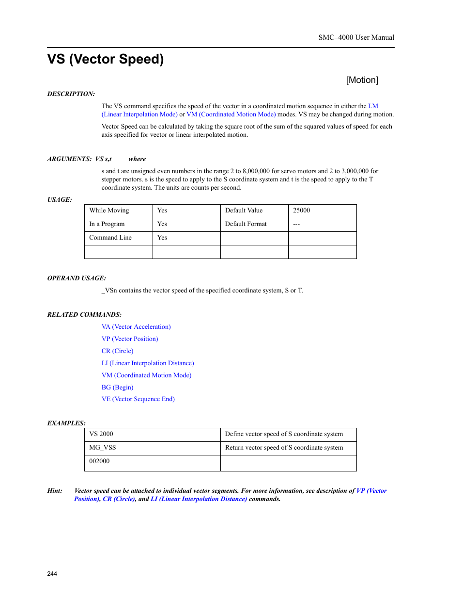 Vs (vector speed), Motion | Yaskawa SMC–4000 User Manual | Page 254 / 385