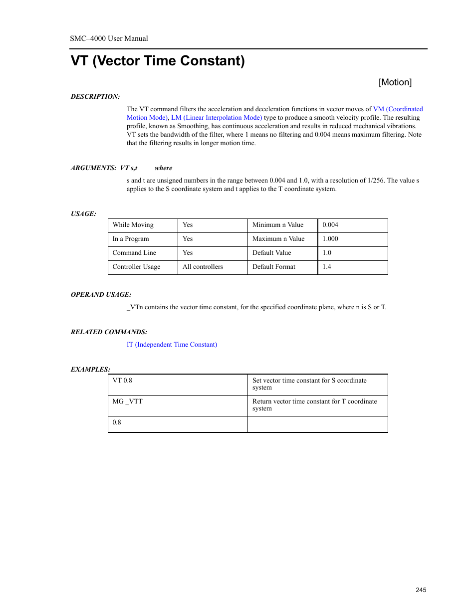 Vt (vector time constant), Motion | Yaskawa SMC–4000 User Manual | Page 255 / 385