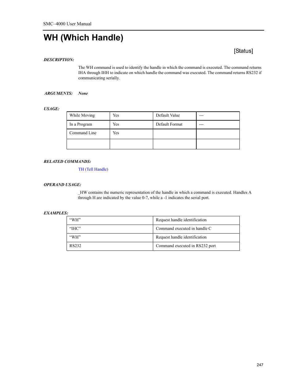 Wh (which handle), Status | Yaskawa SMC–4000 User Manual | Page 257 / 385