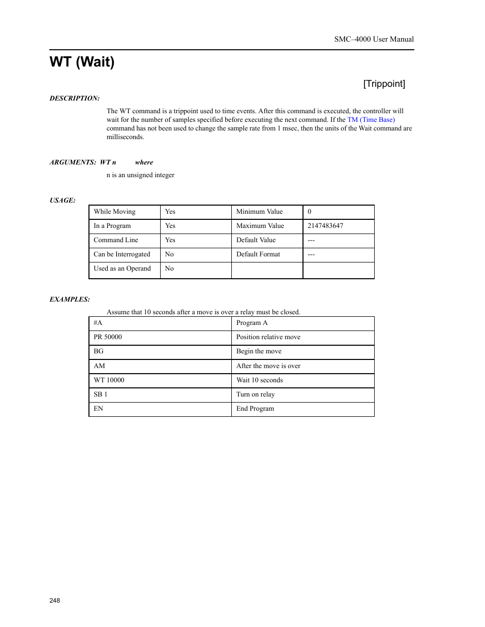 Wt (wait), Ri1 restores the tripp, Trippoint | Yaskawa SMC–4000 User Manual | Page 258 / 385