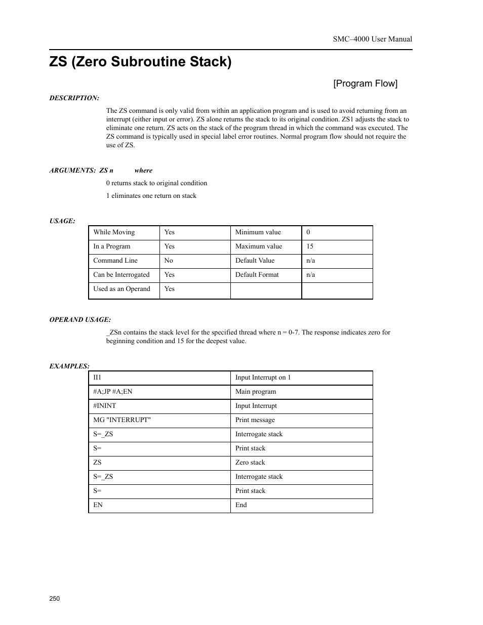 Zs (zero subroutine stack), Use the, Program flow | Yaskawa SMC–4000 User Manual | Page 260 / 385