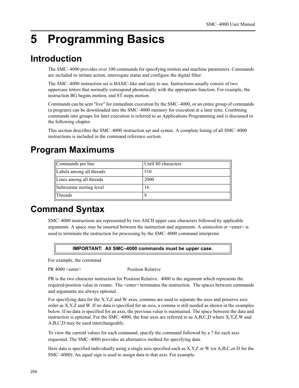 5 programming basics, Introduction, Program maximums | Command syntax, Introduction program maximums command syntax, Program maximums command syntax | Yaskawa SMC–4000 User Manual | Page 264 / 385