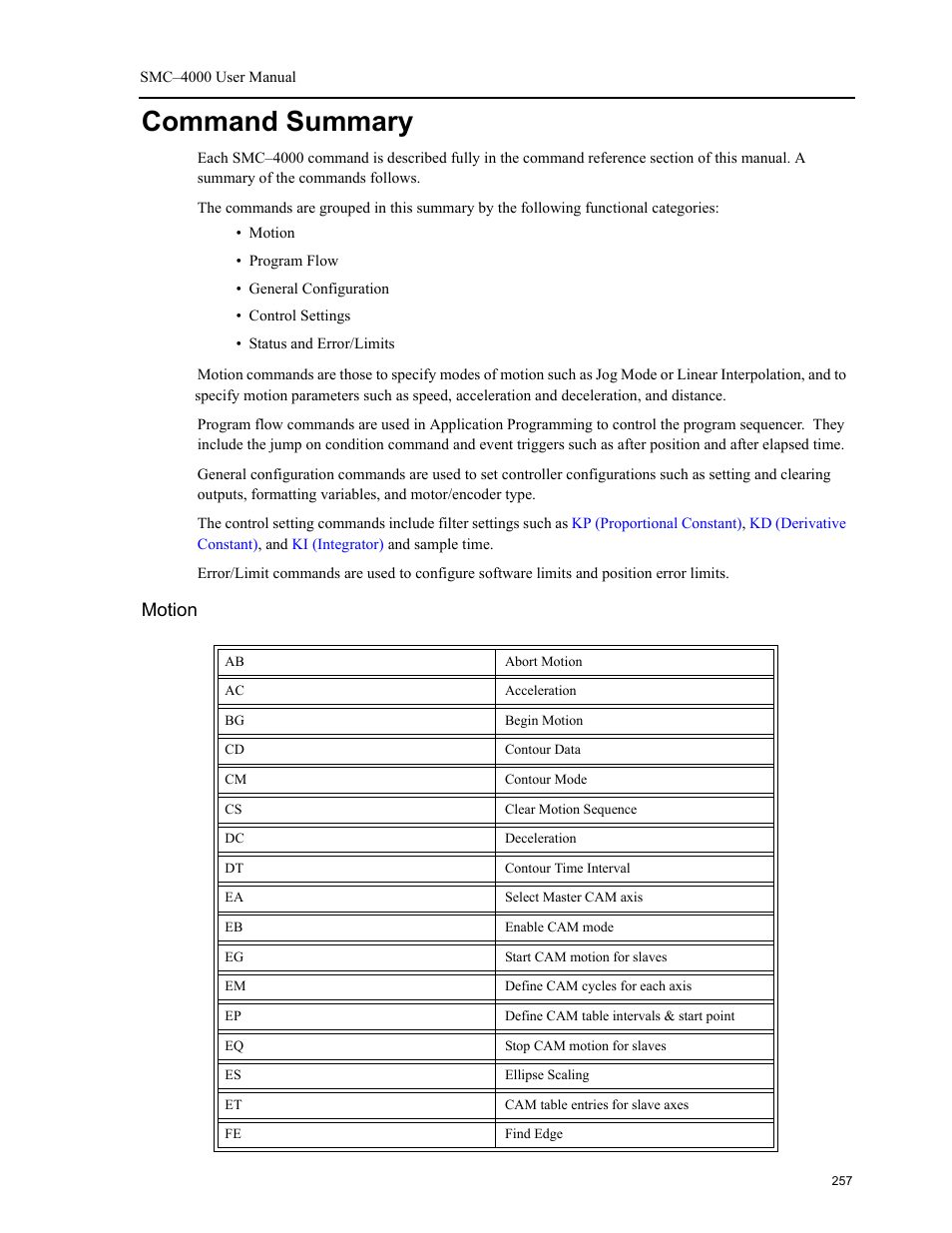 Command summary, Motion | Yaskawa SMC–4000 User Manual | Page 267 / 385