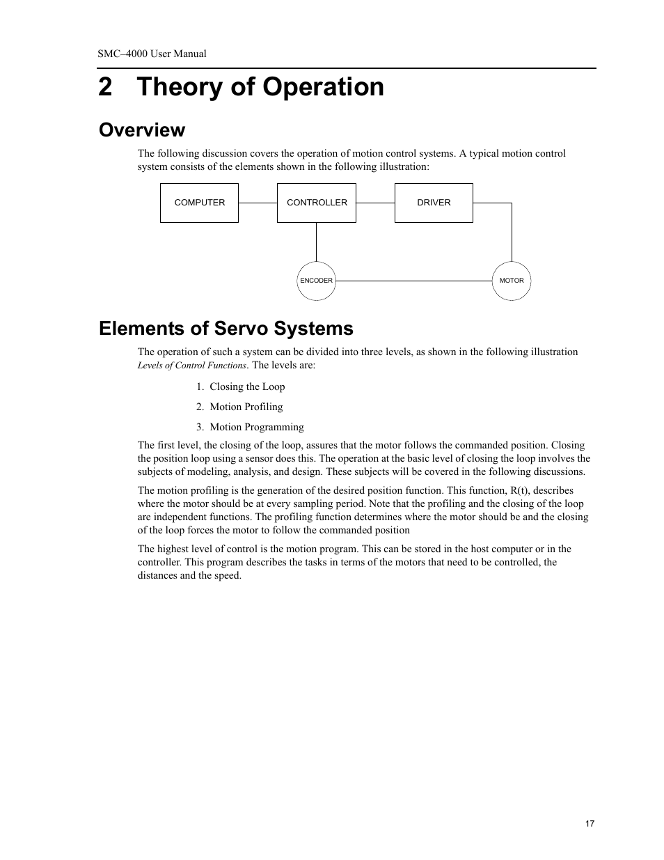 2 theory of operation, Overview, Elements of servo systems | Overview elements of servo systems | Yaskawa SMC–4000 User Manual | Page 27 / 385