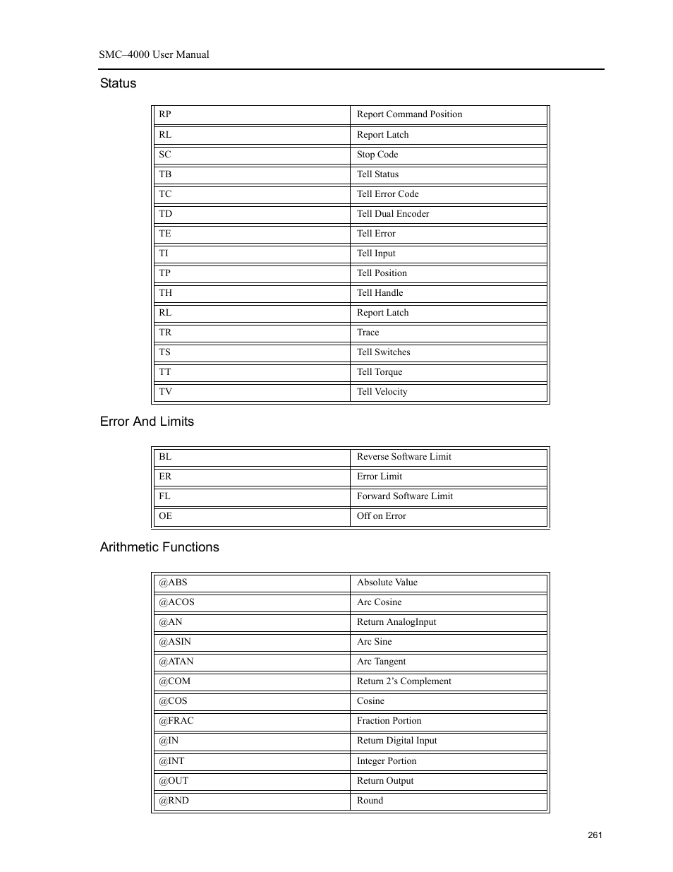 Status, Error and limits, Arithmetic functions | Status error and limits arithmetic functions | Yaskawa SMC–4000 User Manual | Page 271 / 385