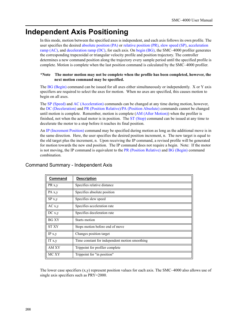 Independent axis positioning, Command summary - independent axis | Yaskawa SMC–4000 User Manual | Page 276 / 385