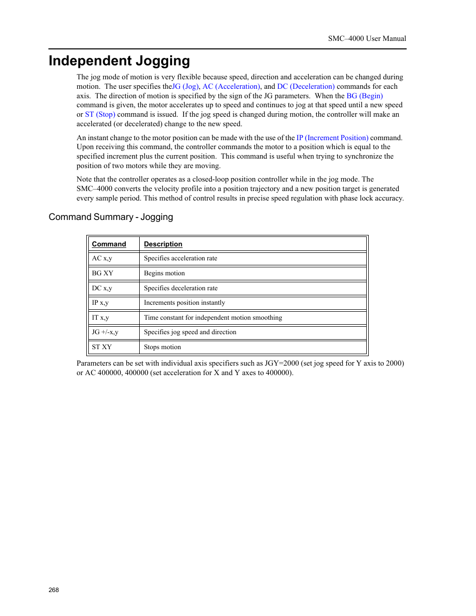 Independent jogging, Command summary - jogging | Yaskawa SMC–4000 User Manual | Page 278 / 385