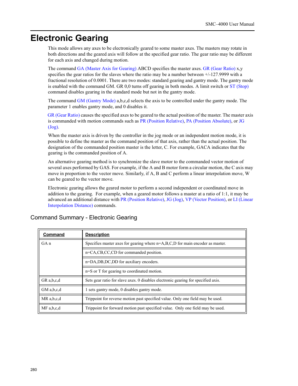 Command summary - electronic gearing, Electronic gearing | Yaskawa SMC–4000 User Manual | Page 290 / 385