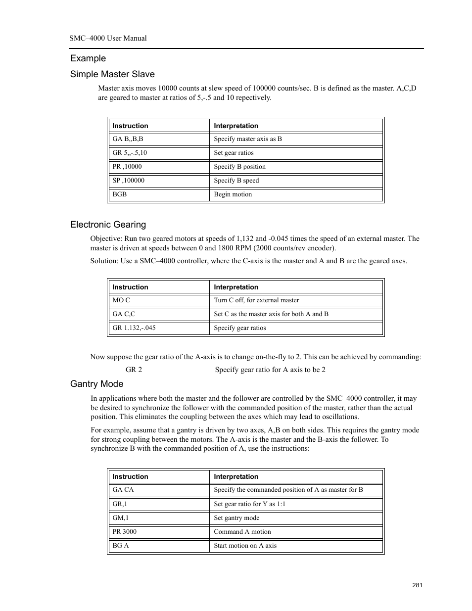 Example simple master slave, Electronic gearing, Gantry mode | Yaskawa SMC–4000 User Manual | Page 291 / 385