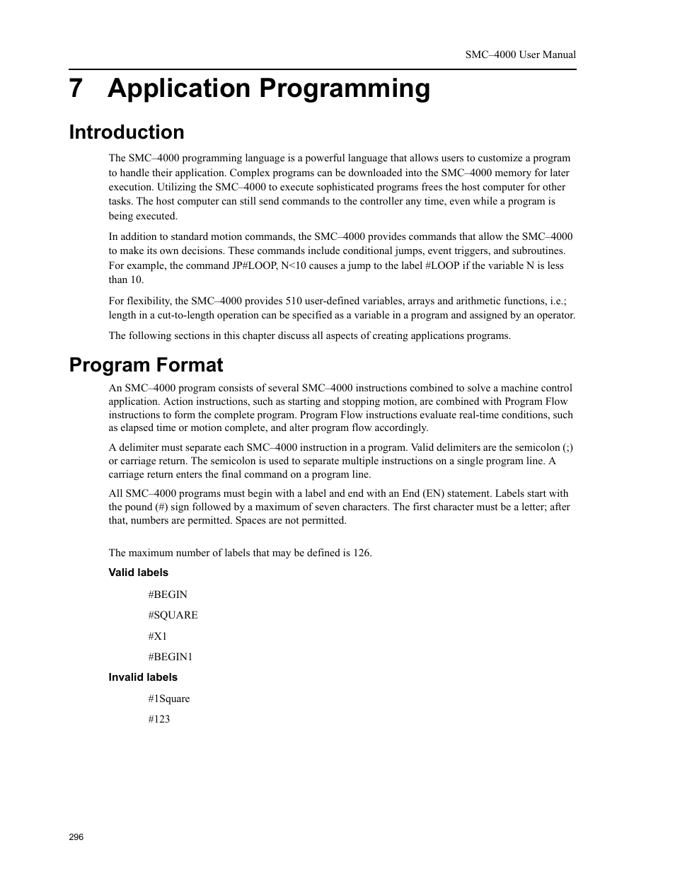 7 application programming, Introduction, Program format | Introduction program format | Yaskawa SMC–4000 User Manual | Page 306 / 385