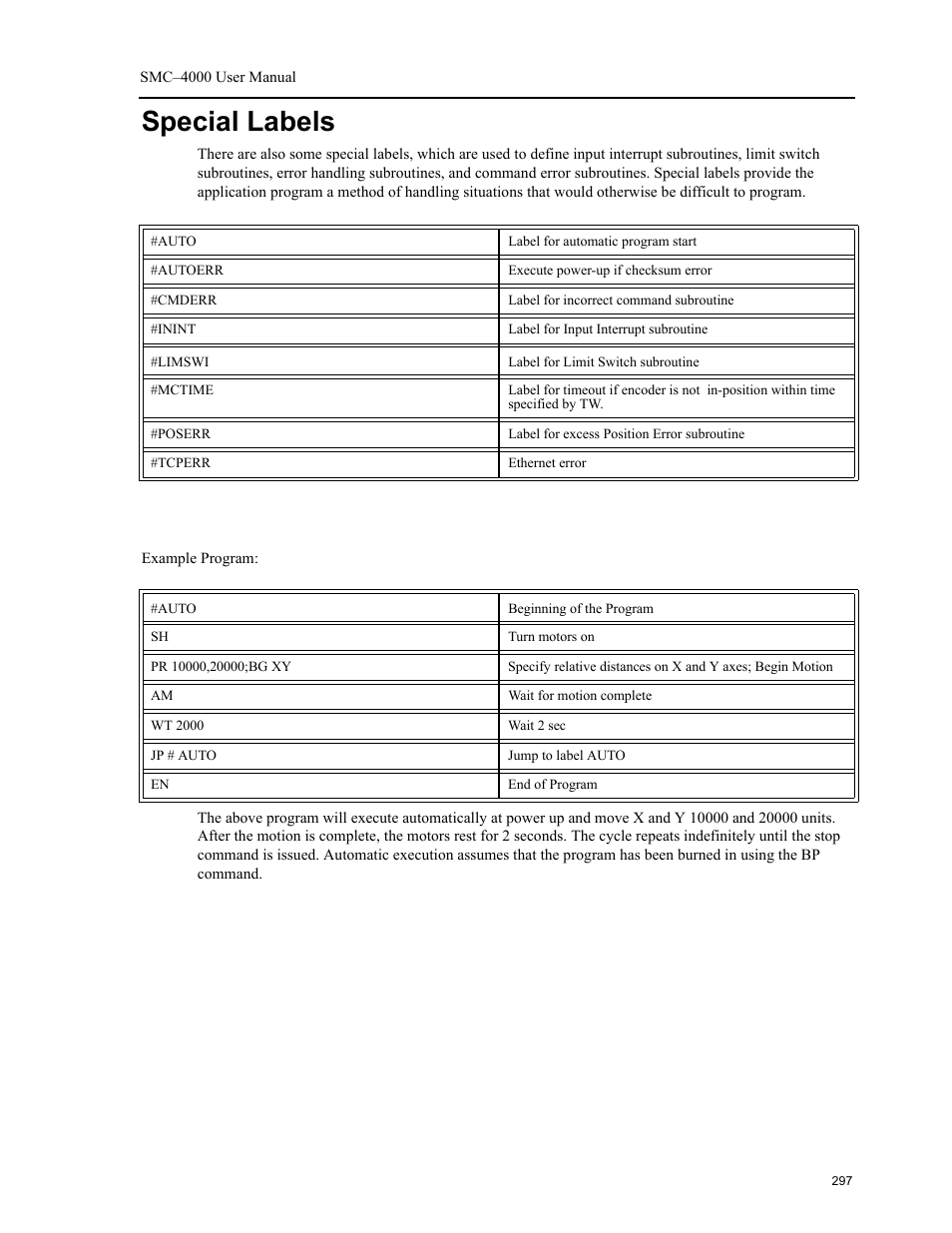 Special labels, Inint, If the | Mctime, If included in your program, Inint input interrupt subroutine | Yaskawa SMC–4000 User Manual | Page 307 / 385