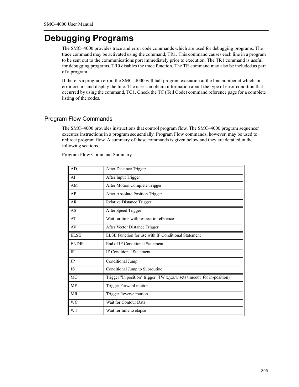 Debugging programs, Program flow commands | Yaskawa SMC–4000 User Manual | Page 315 / 385