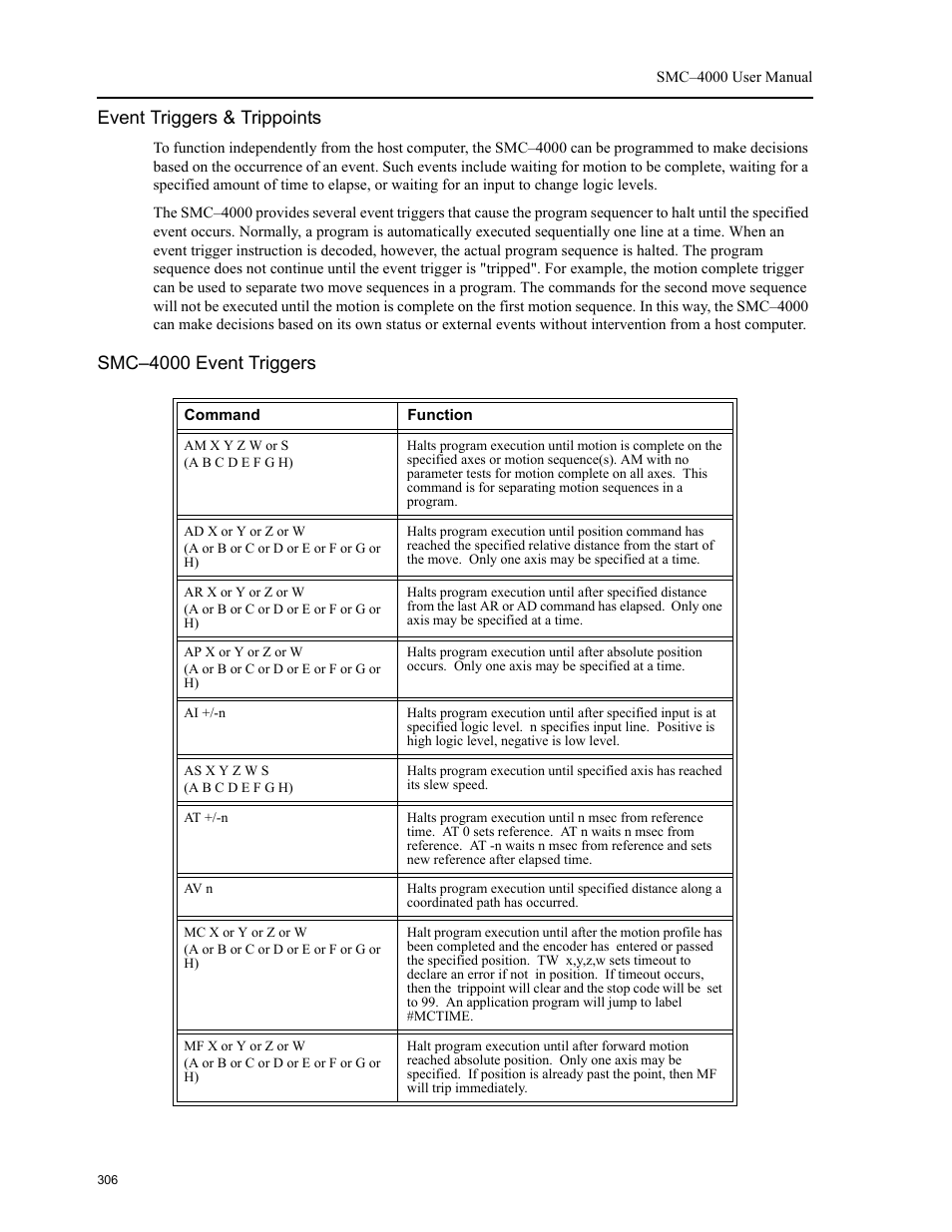 Event triggers & trippoints, Smc-4000 event triggers, Smc–4000 event triggers | Yaskawa SMC–4000 User Manual | Page 316 / 385