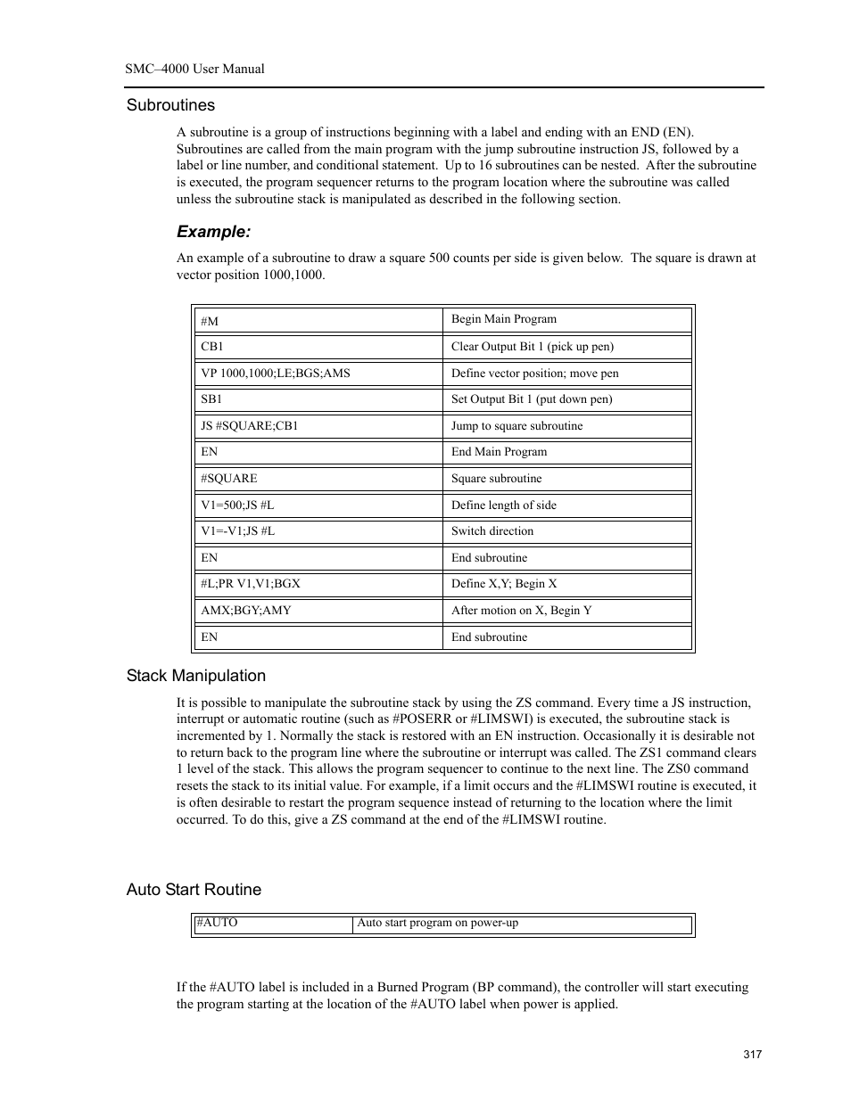 Subroutines, Stack manipulation, Auto start routine | Example | Yaskawa SMC–4000 User Manual | Page 327 / 385