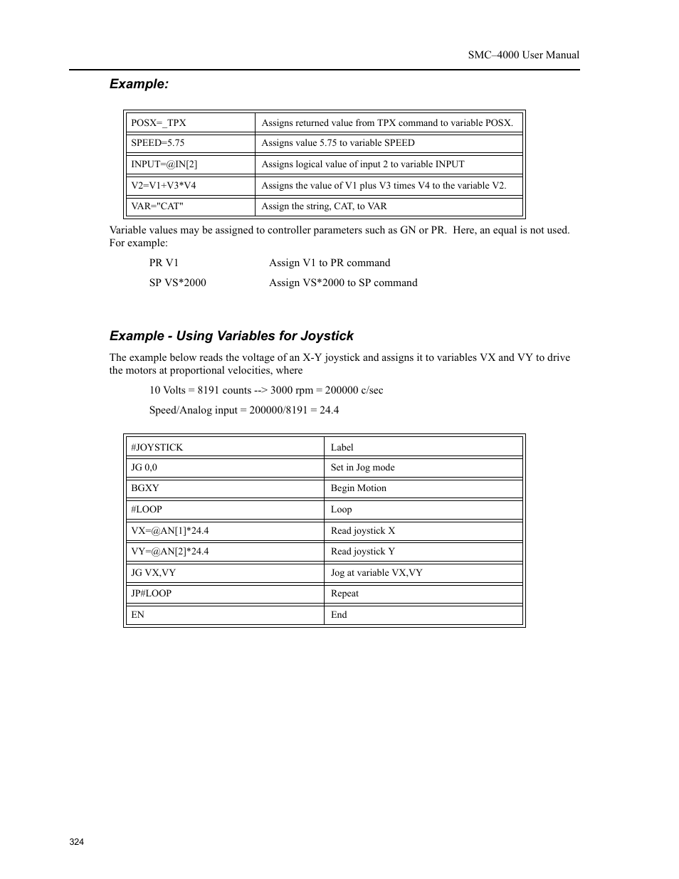 Example, Example - using variables for joystick | Yaskawa SMC–4000 User Manual | Page 334 / 385