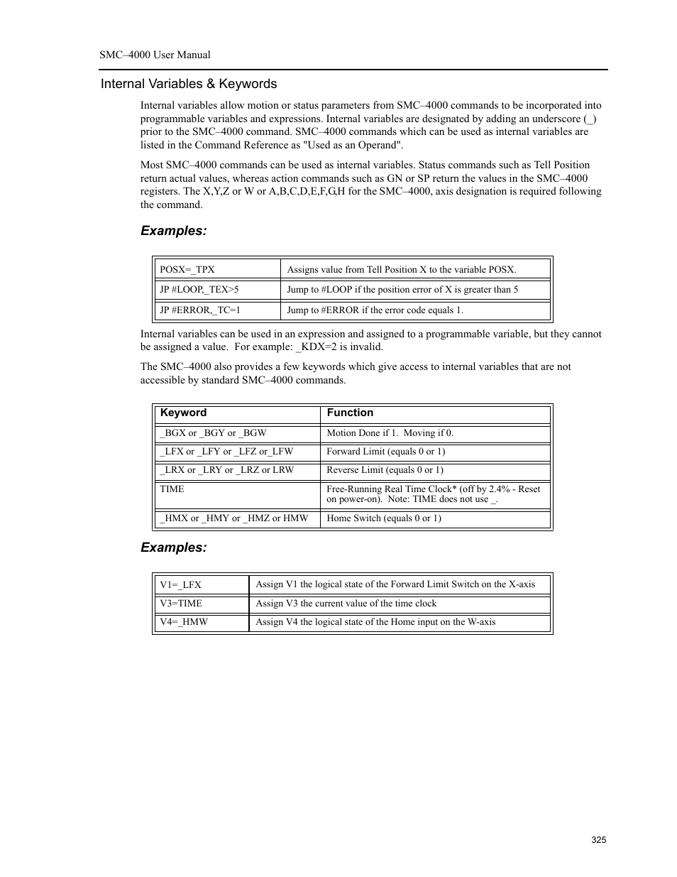 Internal variables & keywords, Examples | Yaskawa SMC–4000 User Manual | Page 335 / 385