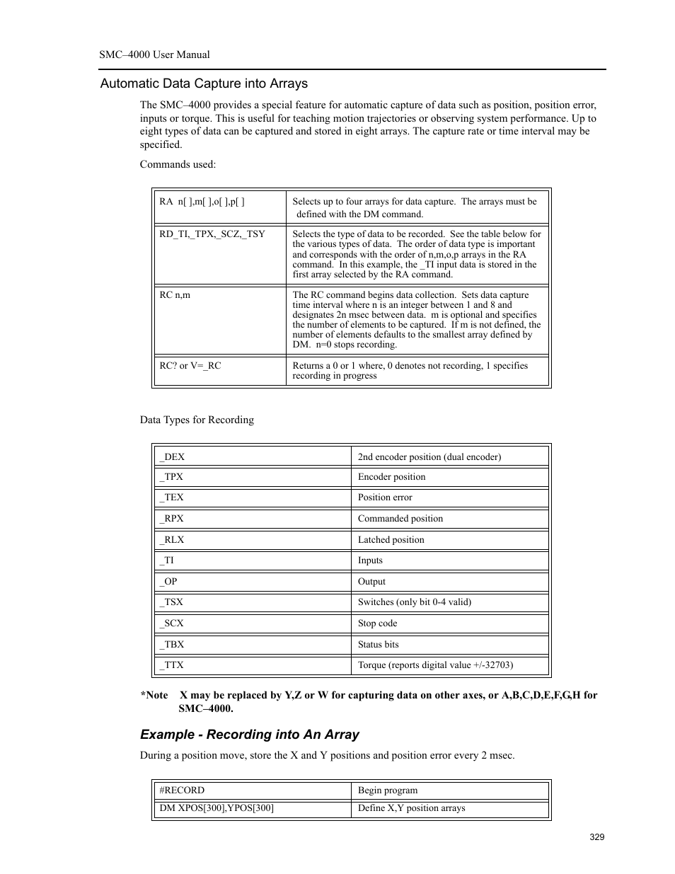 Automatic data capture into arrays, Example - recording into an array | Yaskawa SMC–4000 User Manual | Page 339 / 385