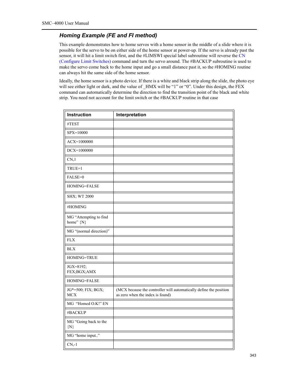 Homing example (fe and fi method) | Yaskawa SMC–4000 User Manual | Page 353 / 385