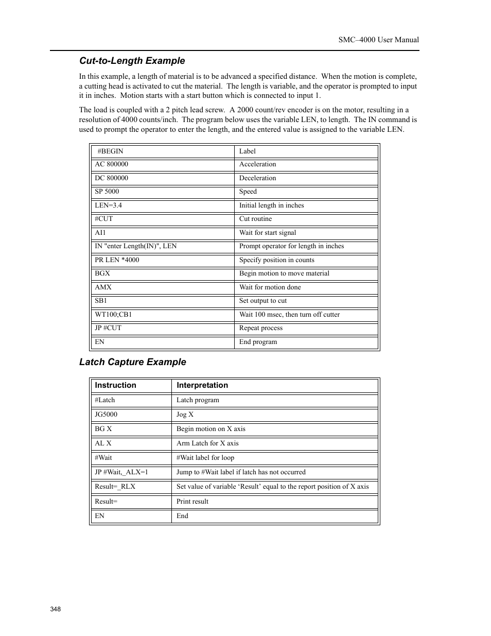 Cut-to-length example, Latch capture example | Yaskawa SMC–4000 User Manual | Page 358 / 385