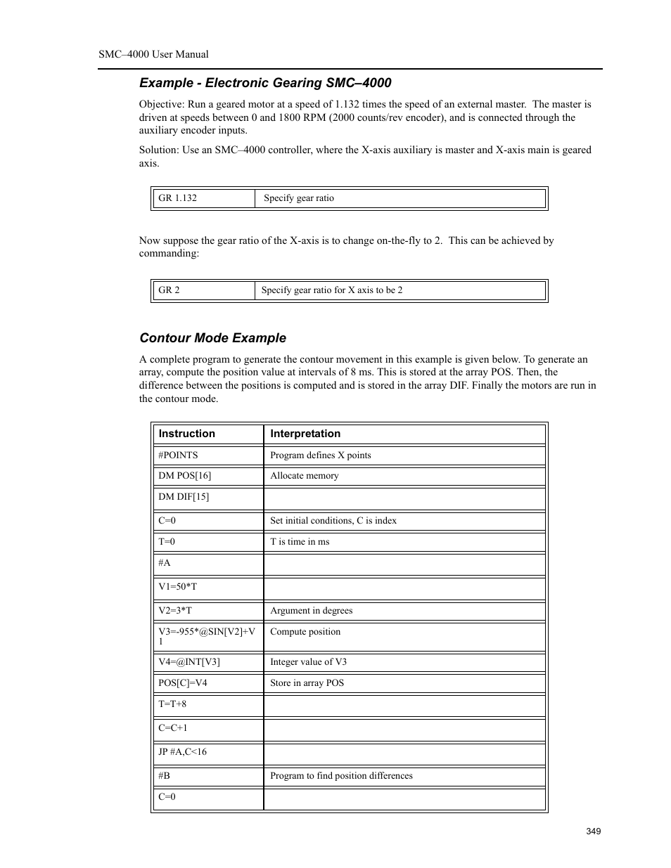 Example - electronic gearing smc–4000, Contour mode example | Yaskawa SMC–4000 User Manual | Page 359 / 385