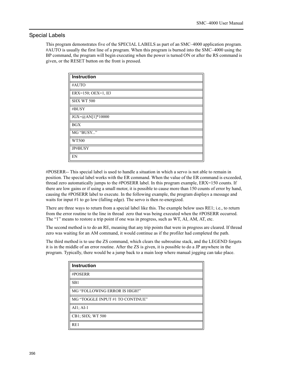 Special labels, Meaning that a, Poserr | Automatic error subroutine, E begins with the, Excessive position error special label, Subr | Yaskawa SMC–4000 User Manual | Page 366 / 385