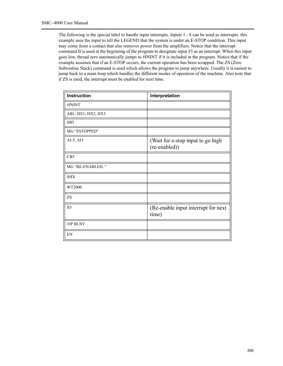 Wait for e-stop input to go high (re-enabled)), Re-enable input interrupt for next time) | Yaskawa SMC–4000 User Manual | Page 369 / 385