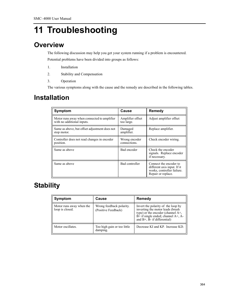 11 troubleshooting, Overview, Installation | Stability, Overview installation stability, Installation stability | Yaskawa SMC–4000 User Manual | Page 374 / 385