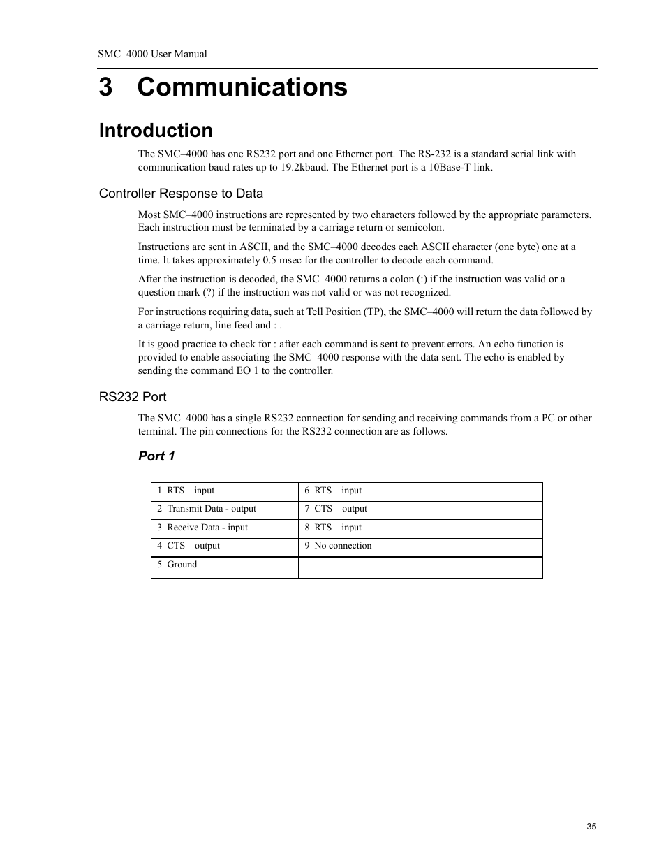 3 communications, Introduction, Controller response to data | Rs232 port | Yaskawa SMC–4000 User Manual | Page 45 / 385