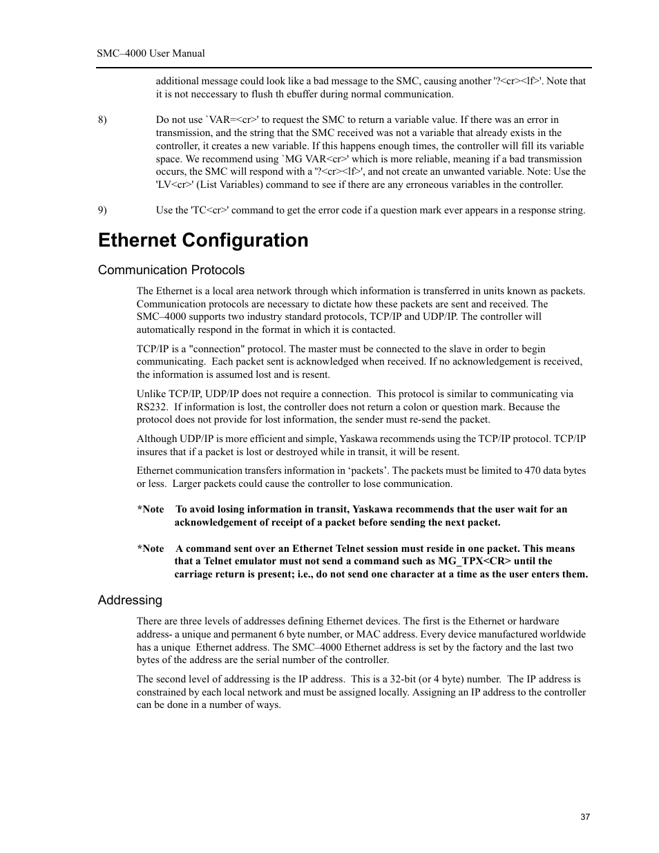 Ethernet configuration, Communication protocols, Addressing | Yaskawa SMC–4000 User Manual | Page 47 / 385