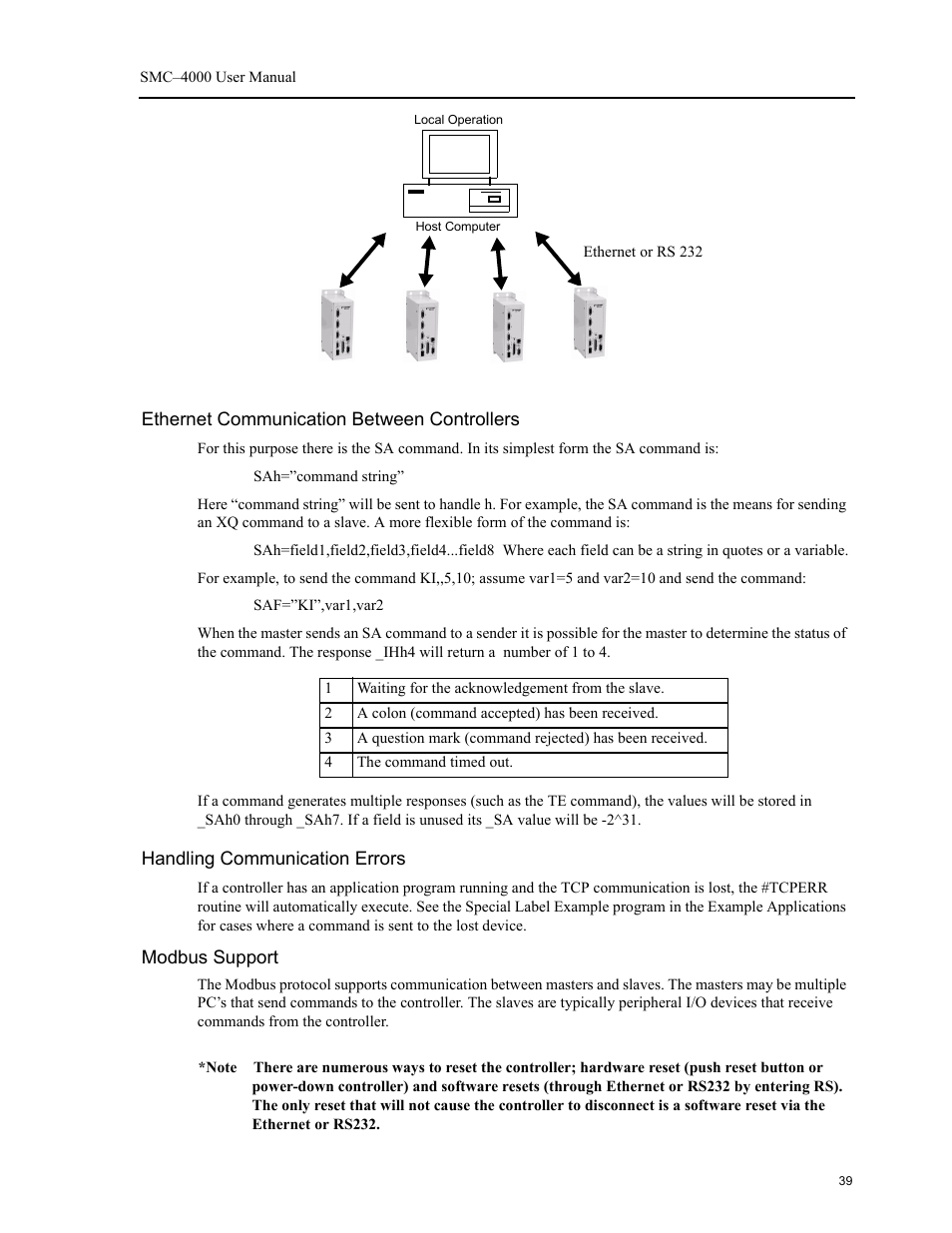 Ethernet communication between controllers, Handling communication errors, Modbus support | Yaskawa SMC–4000 User Manual | Page 49 / 385