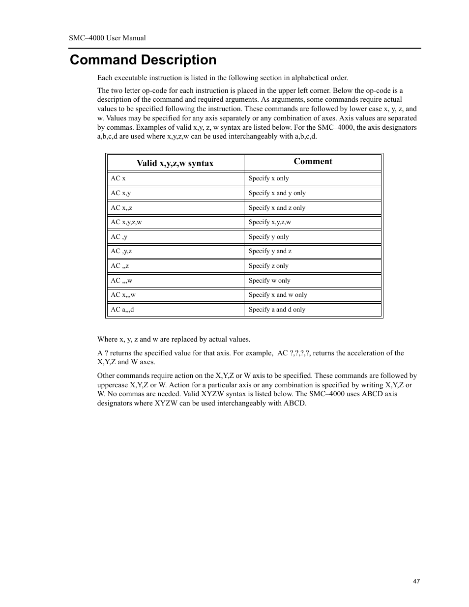 Command description | Yaskawa SMC–4000 User Manual | Page 57 / 385