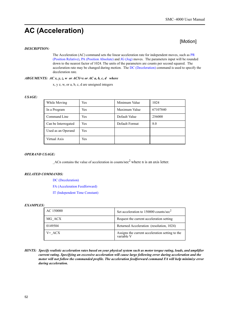 Ac (acceleration), Motion | Yaskawa SMC–4000 User Manual | Page 62 / 385